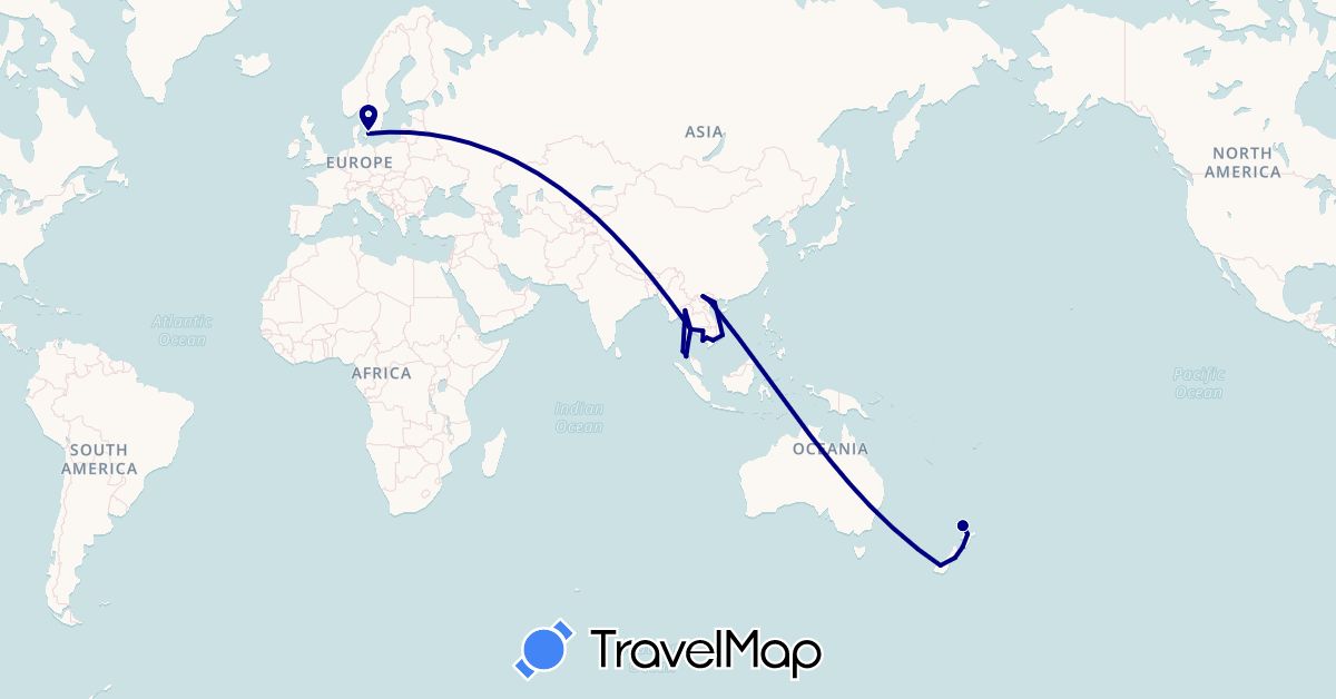 TravelMap itinerary: driving in Denmark, Cambodia, New Zealand, Thailand, Vietnam (Asia, Europe, Oceania)